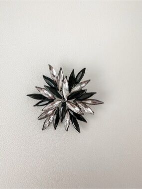 Vintage Sparkling Black and Silver Marquise Flower Brooch
